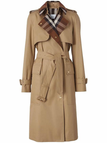 Women's Check Panel Gabardine Trench Coat Beige - BURBERRY - BALAAN 1