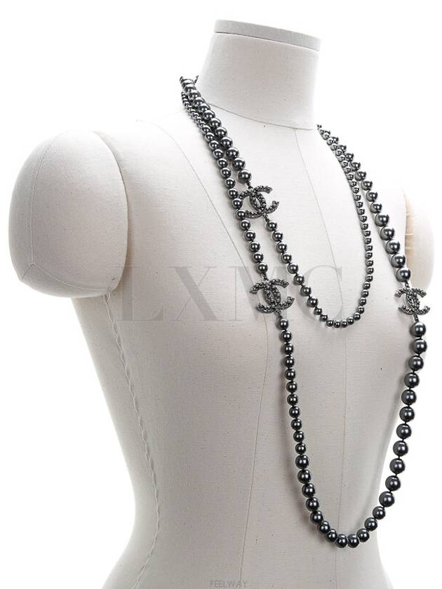 100th Anniversary Ruthenium Long Necklace CC Logo Chain Pearl Gray - CHANEL - BALAAN 4