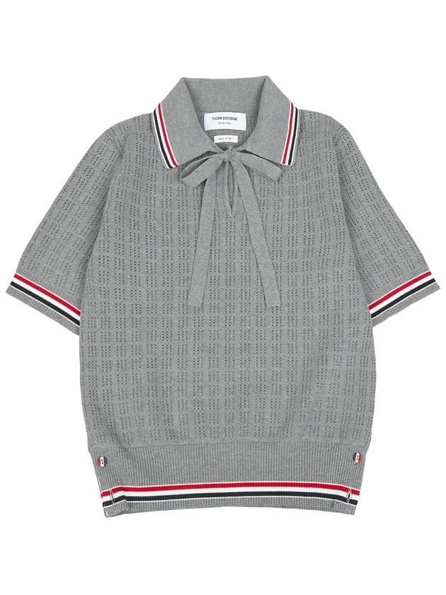 Grid Stitch Pointel Stripe Keyhole Short Sleeve Polo Shirt Grey - THOM BROWNE - BALAAN 2