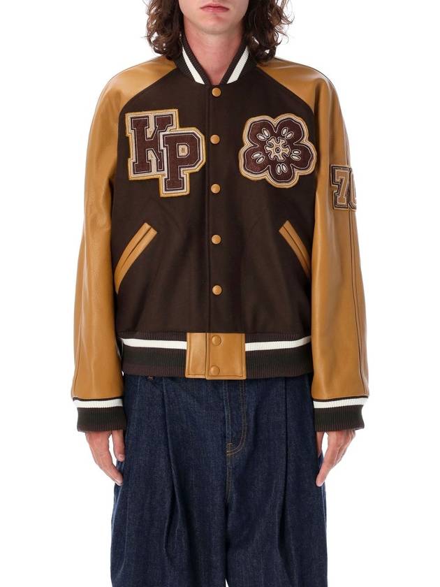 Boke Flower Leather Patch Varsity Jacket Dark Brown - KENZO - BALAAN 2