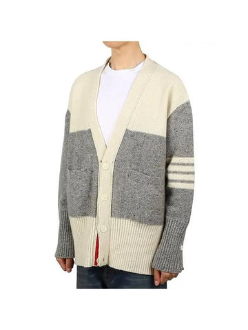 Donegal Diagonal Oversized Colour Block Wool Cardigan Grey Cream - THOM BROWNE - BALAAN 1