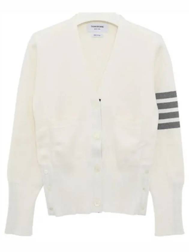 Milano Stitch 4 Bar Classic V Neck Fine Merino Wool Cardigan White - THOM BROWNE - BALAAN 2