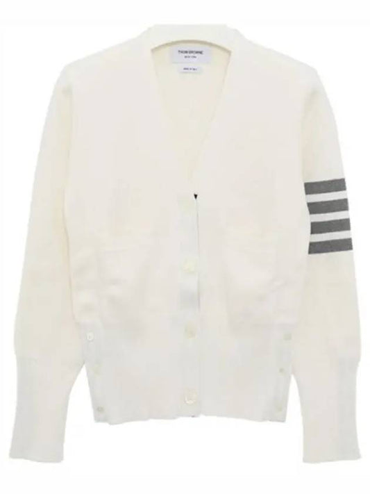 Milano Stitch 4 Bar Classic V Neck Fine Merino Wool Cardigan White - THOM BROWNE - BALAAN 2