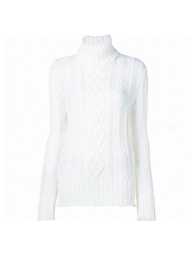 Women's Stripe Aran Cable Turtleneck White - THOM BROWNE - BALAAN 1