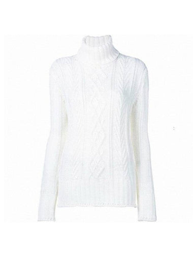 Women's Stripe Aran Cable Turtleneck White - THOM BROWNE - BALAAN 1