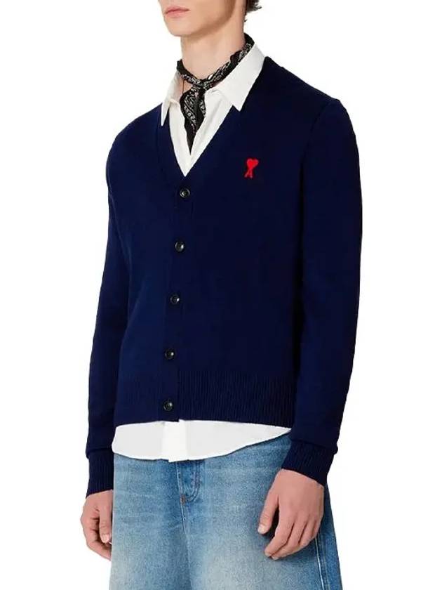 Small Heart Logo Wool Cardigan Navy - AMI - BALAAN 5