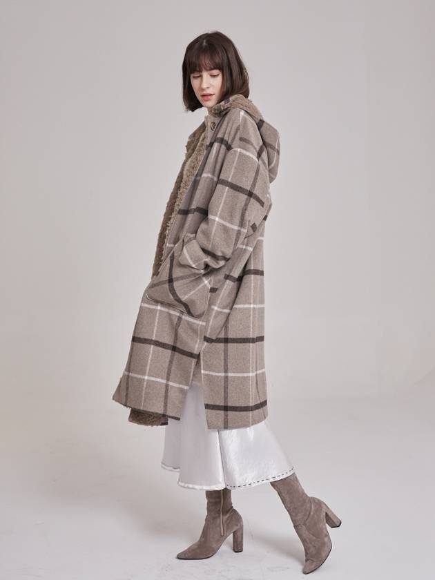 e check loose fit hooded oversized coat greyish beige - PRETONE - BALAAN 5