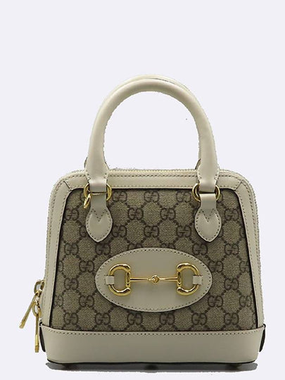 640716 White Leather Ebony GG Supreme Canvas Horsebit 1955 Mini Top Handle Tote Bag and Crossbody - GUCCI - BALAAN 2