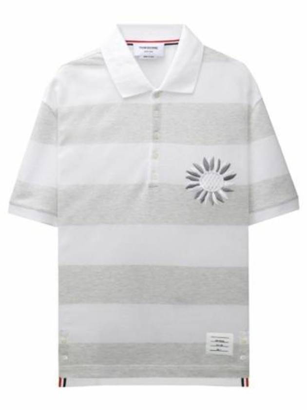 Embroidered Flower Rugby Stripe Short Sleeve PK Shirt White Grey - THOM BROWNE - BALAAN 1