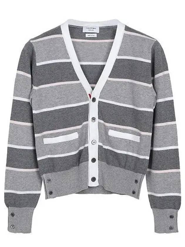 Kids Striped V-Neck Cotton Cardigan Grey - THOM BROWNE - BALAAN 2