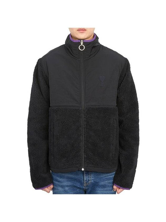 Logo Zip-up Shearling Jacket Black - AMI - BALAAN 2