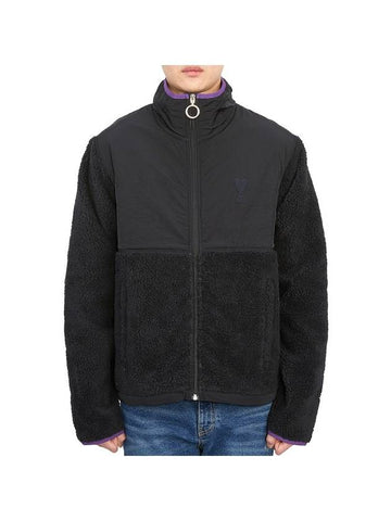 Logo Zip-up Shearling Jacket Black - AMI - BALAAN 1