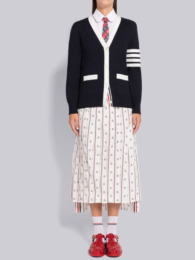 Cotton Hector Pointelle 4 Bar V Neck Cardigan Navy - THOM BROWNE - BALAAN 5