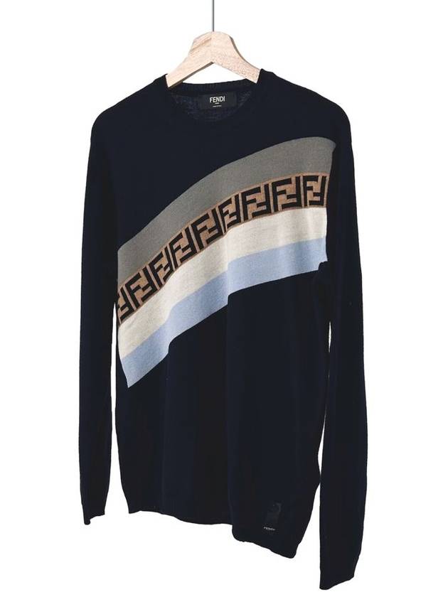 48 Fendi Men s FF Logo Striped Knit T Shirt Navy - FENDI - BALAAN 1