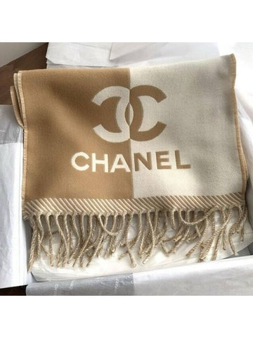 CC Logo Two Tone Double Sided Muffler Reversible Scarf Women Men Unisex Beige Ivory - CHANEL - BALAAN 1