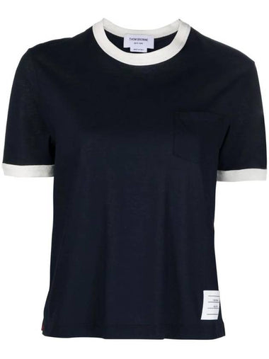 Women's Contrast Trimming Logo Patch Short Sleeve T-Shirt Navy - THOM BROWNE - BALAAN 1