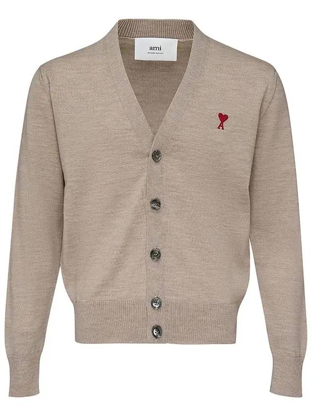 Red Heart Logo Merino Wool Cardigan Beige - AMI - BALAAN 3