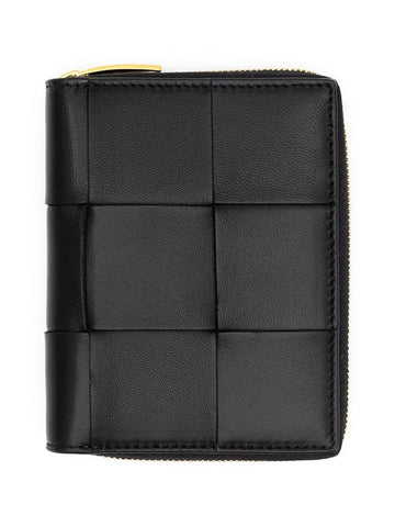 Intrecciato Zipper Around Half Wallet Black - BOTTEGA VENETA - BALAAN 1