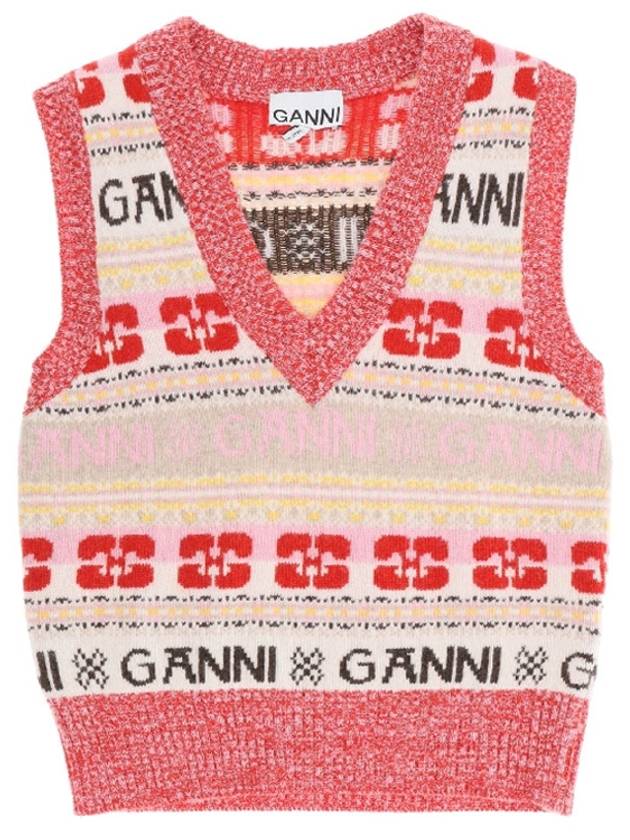 V-neck Logo Graphic Wool Blend Vest - GANNI - BALAAN 2