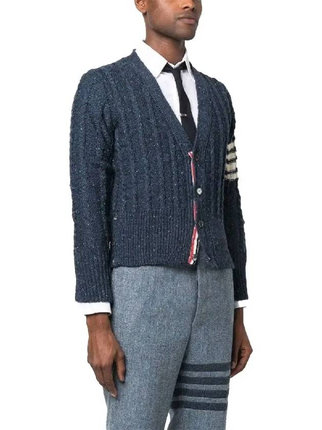 Donegal Twist Cable 4 Bar Classic V Neck Cardigan Blue - THOM BROWNE - BALAAN 3