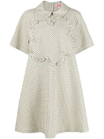 Gingham Baby Doll Cotton Midi Dress Green - KENZO - BALAAN 1