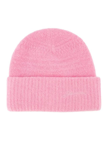 Embroidered Logo Knit Beanie Corsage Pink - GANNI - BALAAN 1