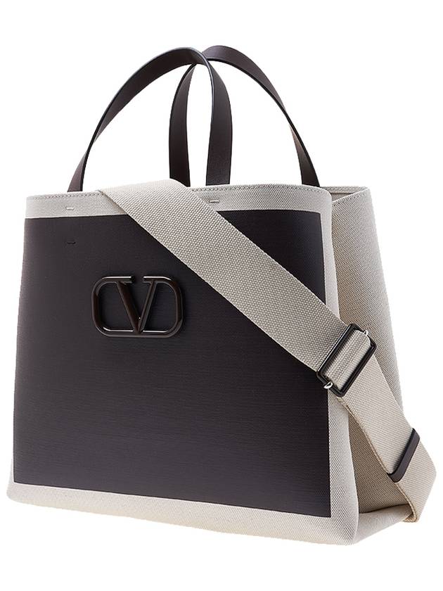 Signature V Logo Canvas Leather Tote Bag Brown - VALENTINO - BALAAN 3