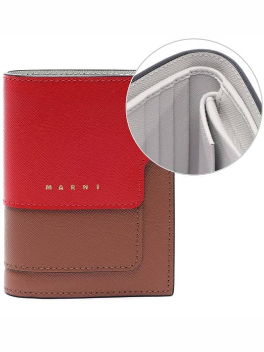 Two-Tone Saffiano Leather Half Wallet Red - MARNI - BALAAN 2