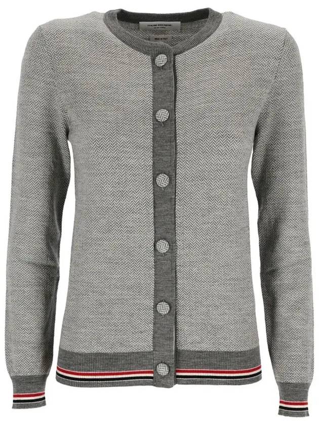 Herringbone Crew Neck Wool Cardigan Light Grey - THOM BROWNE - BALAAN 2