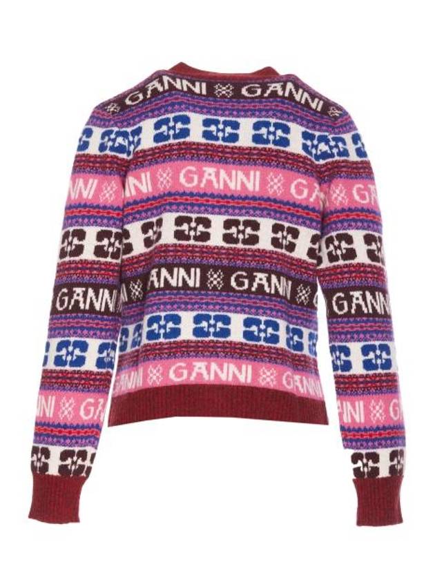 Intarsia Logo V-Neck Wool Mix Cardigan Pink - GANNI - BALAAN 3