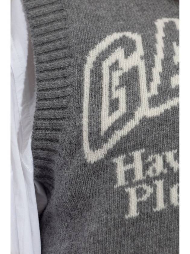 Logo Graphic Crew Neck Wool Knit Vest Grey - GANNI - BALAAN 3