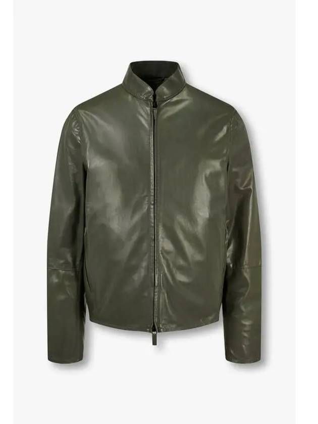 Men s Glossy Leather Zip up Jacket Dark Khaki - EMPORIO ARMANI - BALAAN 1