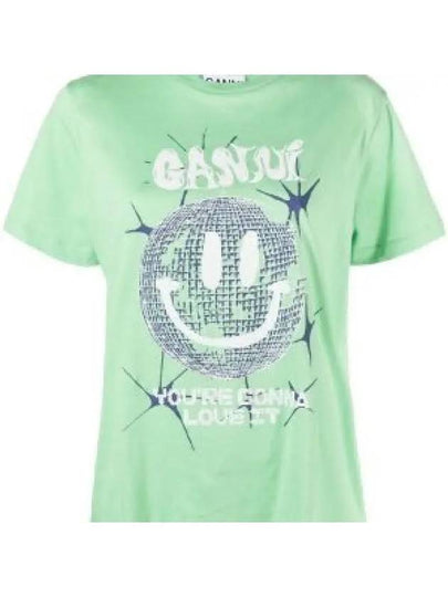 Smiley Relaxation Logo Round Neck Cotton Short Sleeve T-Shirt Green - GANNI - BALAAN 2