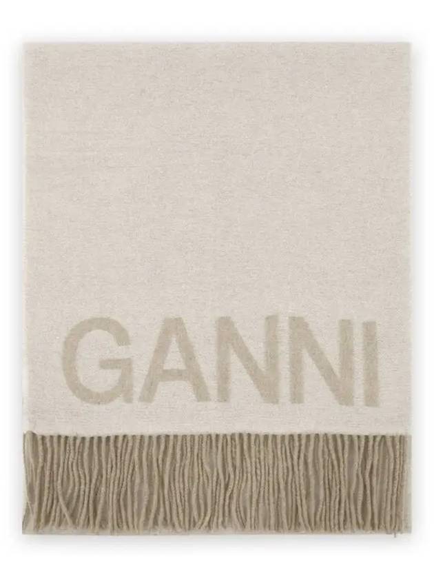 Logo Print Fringe Wool Muffler Beige - GANNI - BALAAN 2