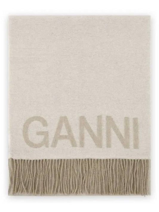 Logo Print Fringe Wool Muffler Beige - GANNI - BALAAN 2