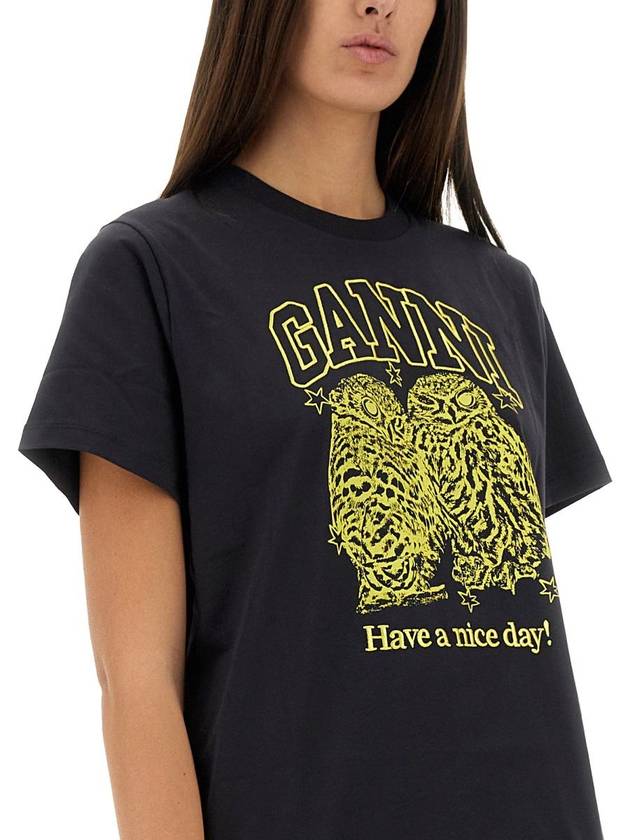 Owls Print Cotton Short Sleeve T-Shirt Black - GANNI - BALAAN 5