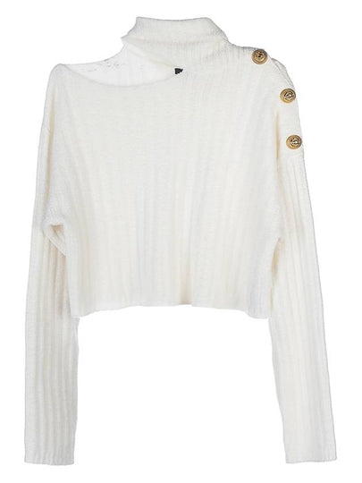 High-Neck Cut-Out Button Ribbed Knit Turtleneck White - BALMAIN - BALAAN 2