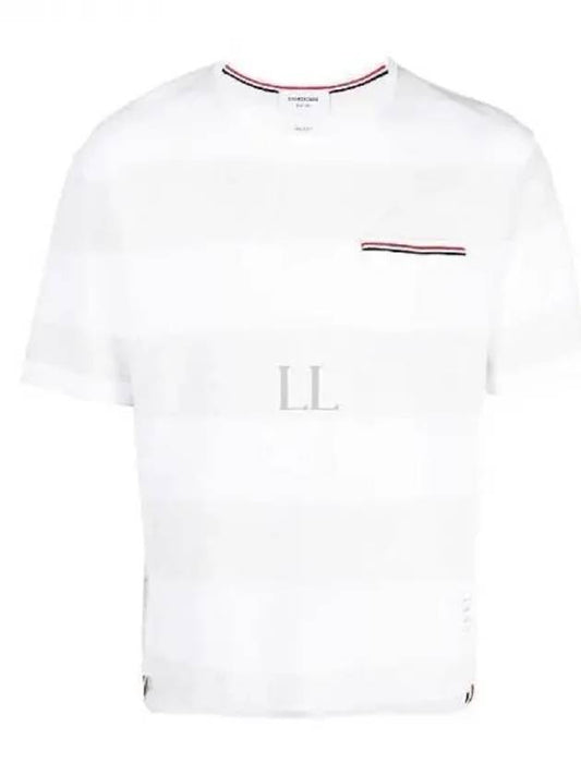 Men's Rugby Striped Pick Pocket Short Sleeve T-Shirt Pale Grey White - THOM BROWNE - BALAAN 2