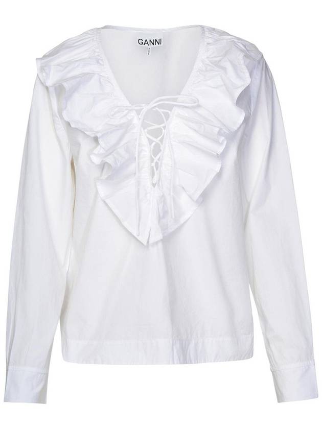 Cotton Poplin Ruffle V-Neck Blouse Bright White - GANNI - BALAAN 2