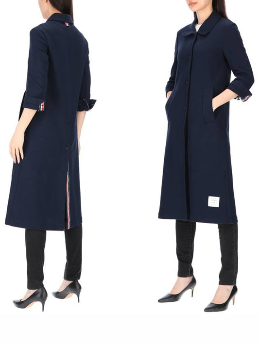 Women's Double Face Tech Round Collar Cotton Overcoat Navy - THOM BROWNE - BALAAN 2