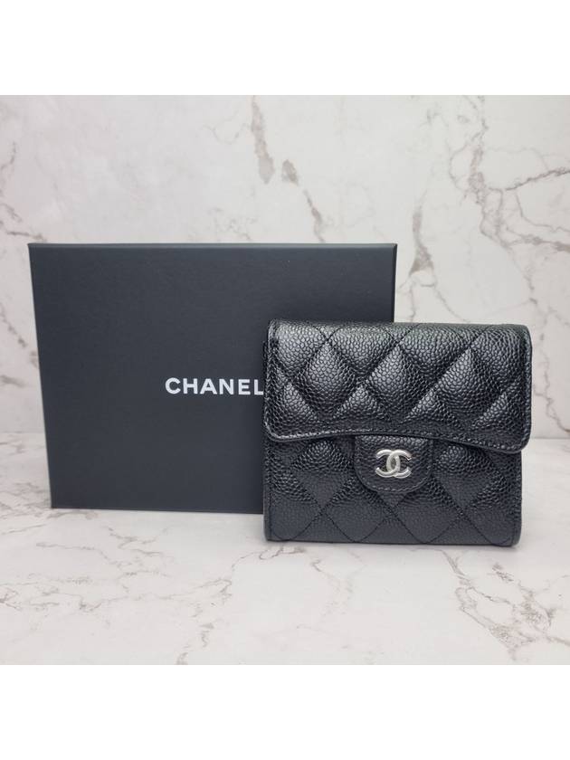 Small Classic Flap Wallet Grained Calfskin Silver Black - CHANEL - BALAAN 4