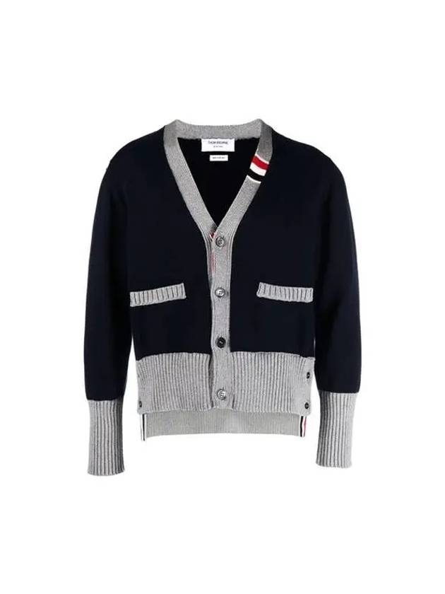 Three Stripe V Neck Cotton Cardigan Navy - THOM BROWNE - BALAAN 2