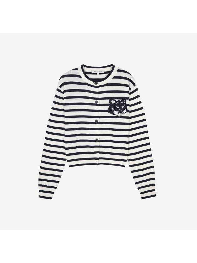 Fox Head Intarsia Regular Striped Cardigan Black White - MAISON KITSUNE - BALAAN 2