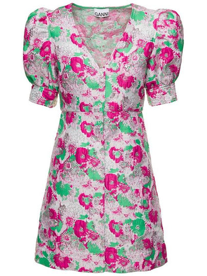 Women's Floral Puff Sleeve V-Neck Short Dress - GANNI - BALAAN 2