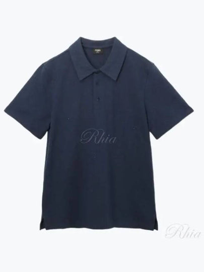 Men's Button Detail Short Sleeve Jacquard Polo Shirt Navy - FENDI - BALAAN 2