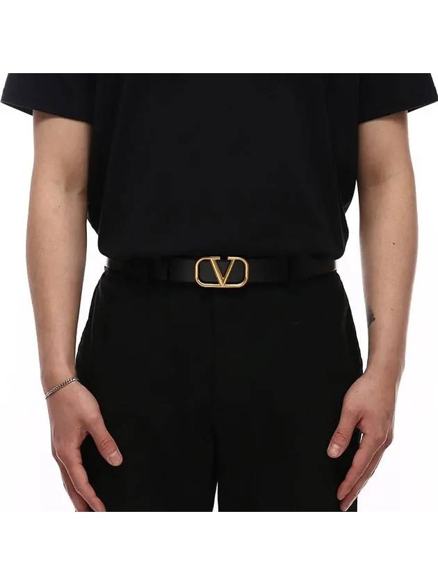 Gold V Logo Signature Leather Belt Black - VALENTINO - BALAAN 2