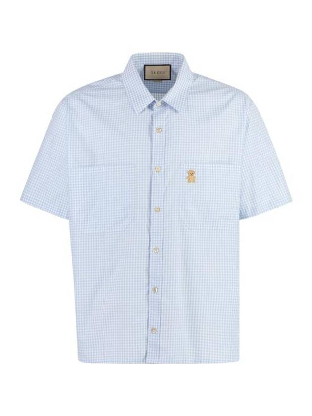 Patch Short Sleeve Shirt Blue - GUCCI - BALAAN 2