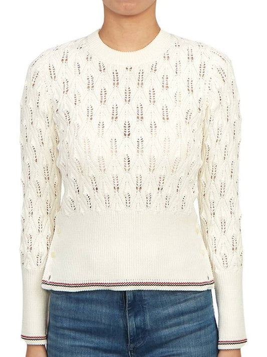 Pointelle Tipping Crew Neck Pullover Knit Top White - THOM BROWNE - BALAAN 2