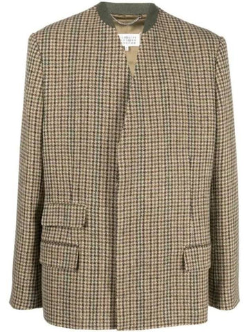 Stitched Low Cut Hem Collarless Check Wool Jacket Brown - MAISON MARGIELA - BALAAN 1