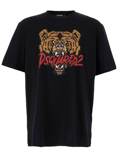 Black T-Shirt With Bear Print In Cotton Man - DSQUARED2 - BALAAN 1